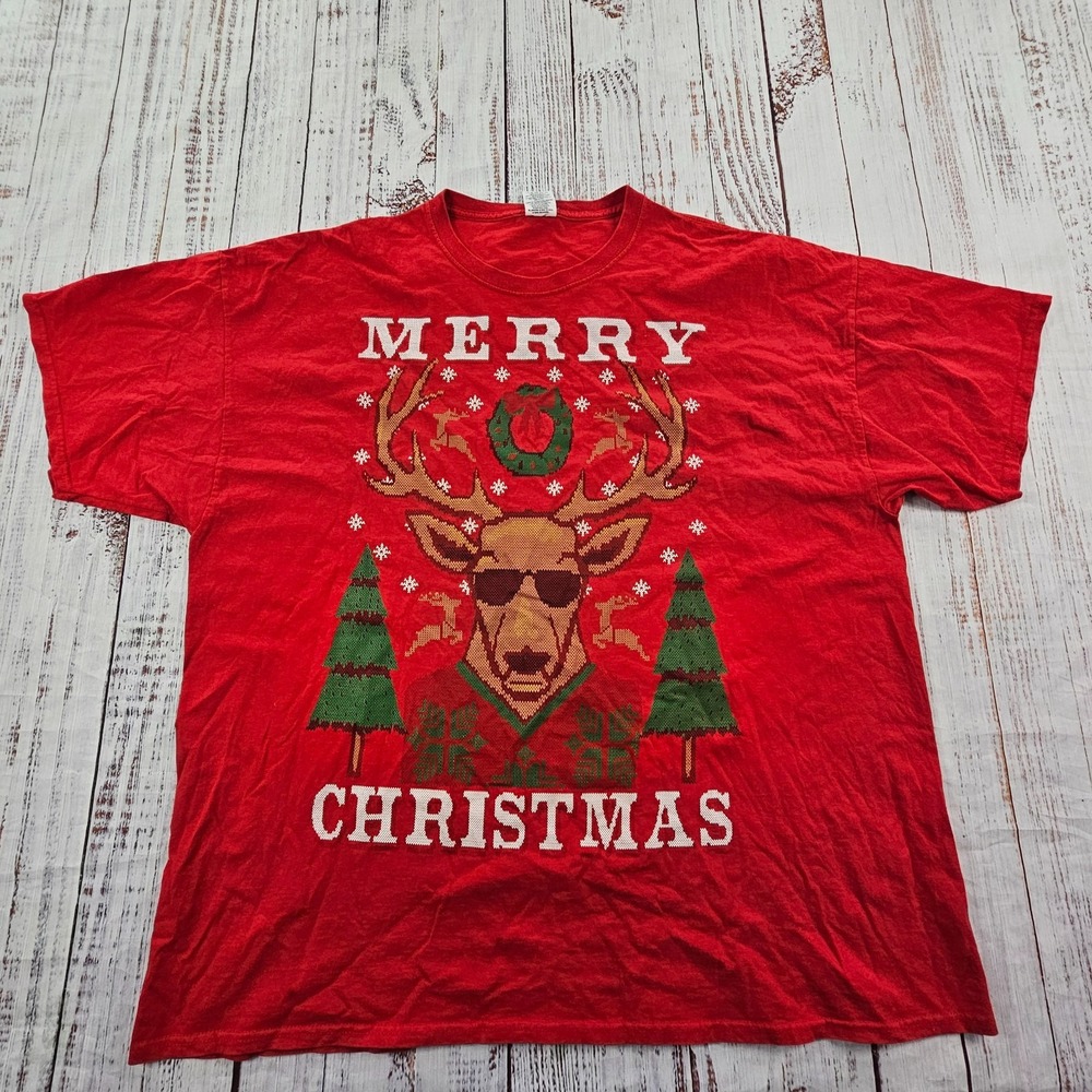 Merry Christmas Reindeer Red Short Sleeve Cotton T-Shirt Men's 3XL